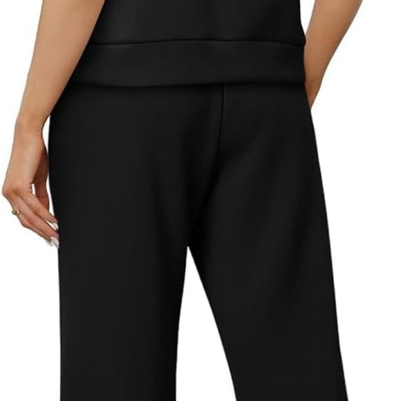 Women's Black Two Piece Summer Set with Wide Leg Crop Pants & Mock Neck Top - Picture 4 of 4